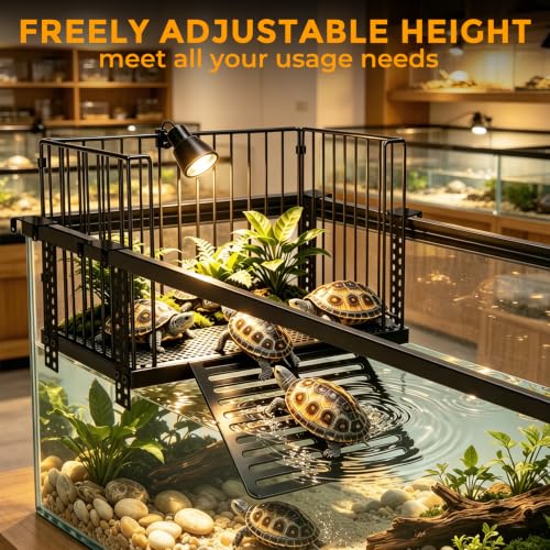 Turtle Basking Platform with Ramp, for 25-75 Gal Tank | Sliding hooks adjust water depth easily. Fits 15-17 inch rim. Rust-proof SS, non-slip ramp for safe climbing.