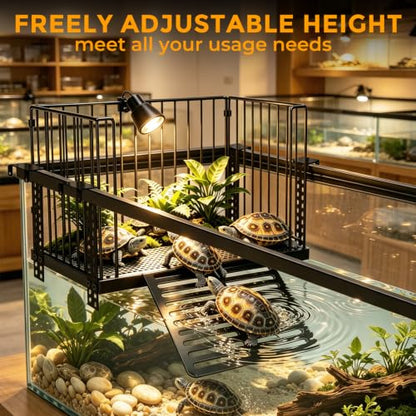 Turtle Basking Platform with Ramp, for 25-75 Gal Tank | Sliding hooks adjust water depth easily. Fits 15-17 inch rim. Rust-proof SS, non-slip ramp for safe climbing.
