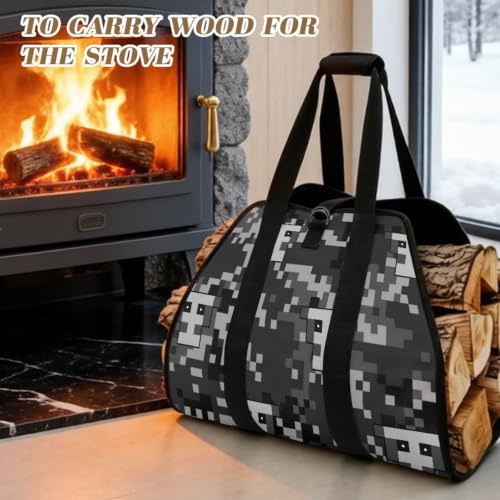 Skull Camo Print Log Tote Bag Firewood Hauling Carrier | Water Resistant Material, Open-Ended Design, Large Capacity, for Fireplace Owners, Hikers and Camping Fanatics - color: Gray Pixel Skull Digital Camo Print