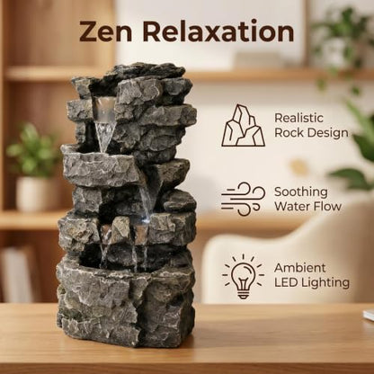 Tabletop Rock Waterfall Fountain, 4-Tier Stacked Stone, Resin, LED Lights, USB Powered, 7.08 x 5.5 x13.3Inches