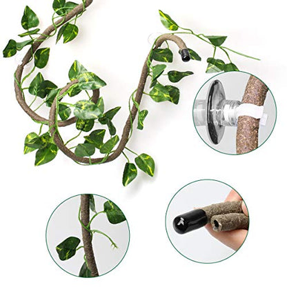 Coolrunner 8FT Reptile Vines and Flexible Reptile Leaves | with Suction Cups Jungle Climber Long Vines Habitat Decor for Climbing, Chameleon, Lizards, Gecko