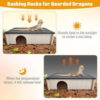 PINVNBY Bearded Dragon Basking Platform, Wood Reptile Hides and Caves, Crested Gecko Hide with Slate Rock, Leopard Gecko Tank Accessories for Small Lizard Snake Turtle (S: 5.9x5.9 inches) - size: S: 5.9x5.9 inches