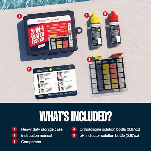 East Bay 3-in-1 Pool Test Kit | At-Home Pool & Spa Water Testing for Total Chlorine, Total Bromine & pH | Fast & Accurate Chemical Test for Swimming Pools