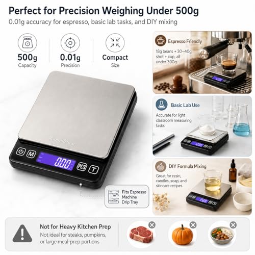 KitchenTour Mini Gram Scale for Coffee, Jewelry and Small Items, 500g x 0.01g Digital Pocket Scale with Tare, 6 Units, Back-Lit LCD, 2 Trays, Black - color: Black, size: 500g / 0.01g