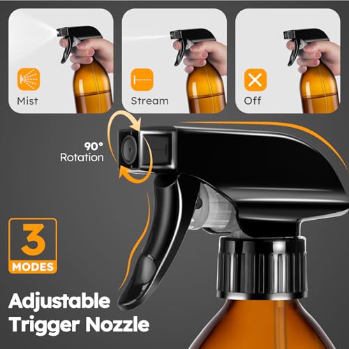 Tecohouse 360° 16 OZ Amber Glass Spray Bottles 2 Pack | 360° All-Angle Spray, Leakproof, Empty Refillable Containers for Cleaning Solutions, Plants, Facial Hydration, Hairs Care, - color: Amber 16 oz