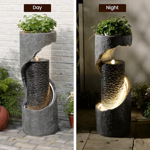 Tankana 35.5" H Water Fountain with Planter, Modern Spiral Waterfall for Outdoor and Indoor, Bubbling Garden Fountain with LED Light for Patio, Deck, and Living Room Corner