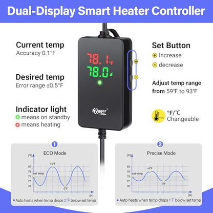 hygger 300W Aquarium Heater for 40–60 Gallon Tanks, ±0.5°C Precise Temperature Control, Dual Probe, External Controller, Overheat & Dry-Run Protection, for Freshwater & Saltwater - size: 300W