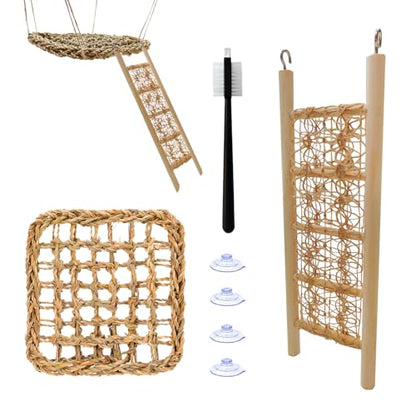 Hermit Crab Climbing Toys Set for Tank and Aquarium Decoration | Seagrass Hammock and Reptile Climbing Ladder with Small Brush, Hermit Crab Accessories for Tank and Aquarium Decoration