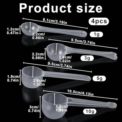 4 Pcs Measuring Spoons Set, Clear Long Handle Plastic Measuring Spoons Coffee Protein Milk Powder Scoops Spoon Kitchen Tools for Creatine Protein Formula Gram Measurings Scooper (1g/3g/5g/10g)