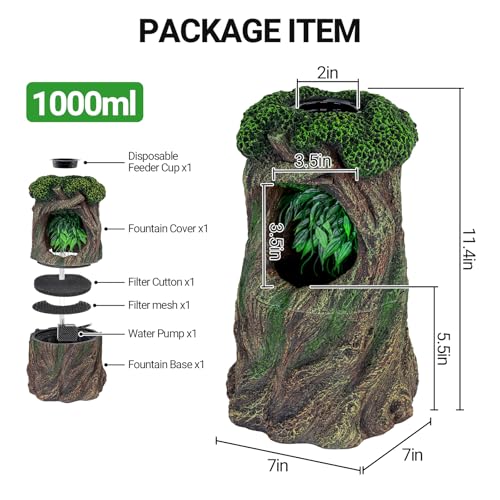REPTI ZOO Reptile Waterfall Drinking Fountain with Food Dish, 1000ML Large Reptile Terrarium Water Dispenser for Bearded Dragon Chameleon Gecko Lizard Tree Frog