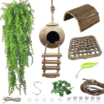 7PCS Crested Gecko Tank Accessories,Natural Leopard Gecko Coconut Hut with Ladder Plastic Leaf Platform for Reptile Wooden Bridge Lizard Hammock Hanging Plants Jungle Vines Flexible Leaves Decor - style: 【Style E】