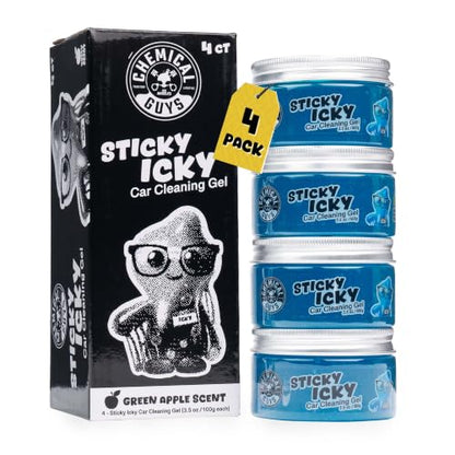 Chemical Guys, Sticky Icky Car Cleaning Gel, Green Apple, 4 Pk | Reusable car interior gel presses into vents, consoles and cup holders to lift dust and crumbs, fresh green apple scent - size: 3.5 Ounce (Pack of 4), style: Green Apple