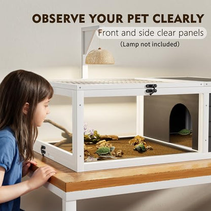 Reptile Habitat Tortoise House with Lamp Holder, 3 Acrylic Observation Windows, 2 Waterproof Trays, Lockable Top, Wooden Enclosure for Turtles, Lizards, Snakes, and Small Pets