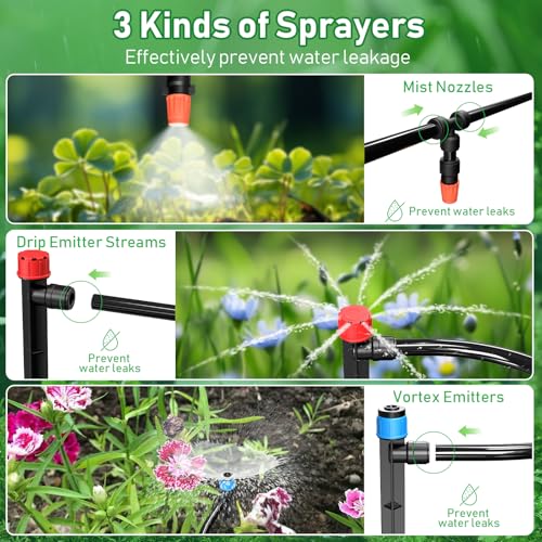 246FT Drip Irrigation System, Automatic Drip Irrigation Kit with 1/2" Main Tube & 1/4" Branch Tubing, Adjustable Drip Emitters, Garden Watering System for Flower Bed, Raised Beds, Lawn, Greenhouses - size: 33FT Main Tube+ 213FT 1/4'' Tube