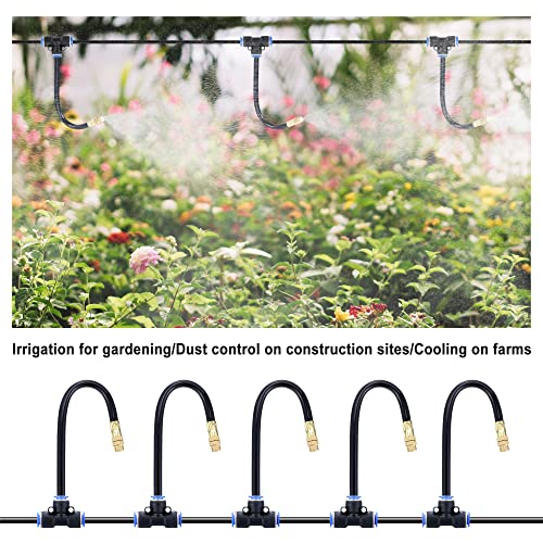 5Packs Brass Misting Nozzles Tee with 8inch Built in Hose 360° Rotation | Adjustable Water Mister Nozzles Thread Sprayer for Outdoor Cooling System 0.043" (1.1 mm) - size: 1 Way - 8inch Hose
