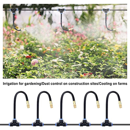 5Packs Brass Misting Nozzles Tee with 8inch Built in Hose 360° Rotation | Adjustable Water Mister Nozzles Thread Sprayer for Outdoor Cooling System 0.043" (1.1 mm) - size: 1 Way - 8inch Hose