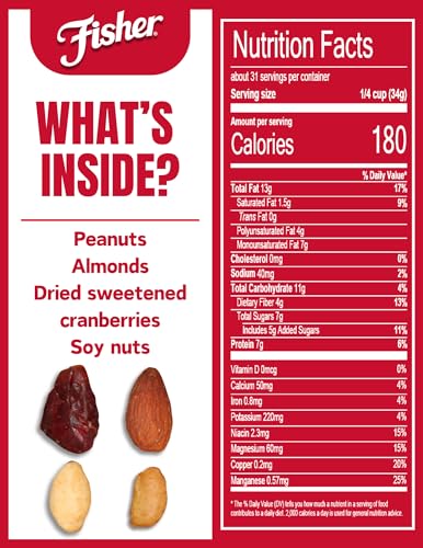 Fisher Snack Hunger Fighter Bulk Trail Mix, 38 oz, Pack of 1 | Peanuts, Almonds, Dried Sweetened Cranberries And Soy Nuts, Snacks For Adults And Kids, Dried Fruit, Healthy Snacks - size: 38 Ounce (Pack of 1)