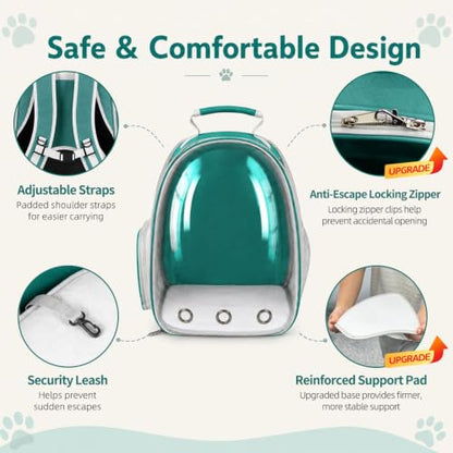 Expandable Cat Carrier Backpack with Bubble Window, Green | Breathable mesh, anti-collapse frame, side door, safety leash and escape-resistant zippers for vet visits and outdoor travel. - color: Green
