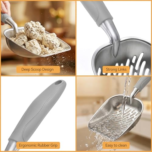 Cat Litter Scoop, Large Long Handle Kitty Metal Scooper | Heavy Duty Aluminum Deep Sifter, Ergonomic Non-Slip Grip, Rustproof Durable Poop Cleaner for Cat Litter Box - color: Gray, size: Large