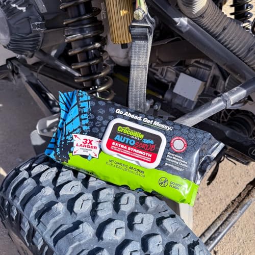 Crocodile Cloth AutoSCRUB Heavy-Duty Cleaning Wipes, 60 Count | Removes Oil, Grease, Paint, Tar, Brake Dust, Hydraulic Fluid, Silicone, Sealants & Road Grime from Tools & Hands
