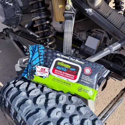 Crocodile Cloth AutoSCRUB Heavy-Duty Cleaning Wipes, 60 Count | Removes Oil, Grease, Paint, Tar, Brake Dust, Hydraulic Fluid, Silicone, Sealants & Road Grime from Tools & Hands