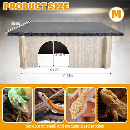 PINVNBY Bearded Dragon Basking Platform, Wood Reptile Hides and Caves, Crested Gecko Hide with Slate Rock, Leopard Gecko Tank Accessories for Small Lizard Snake (M: 9.84x5.9x2.76 inches) - size: M: 9.84x5.9x2.76 inches
