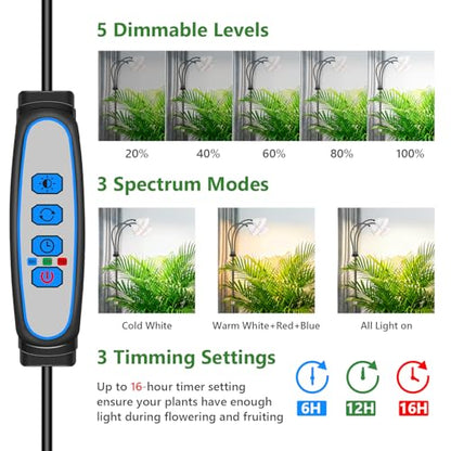 Floor Grow Lights for Indoor Plants, Full Spectrum, for Tall Plant | 3-Head Gooseneck Grow Lamp, 2.3in Spotlight-Style Heads, 78 Red/Blue/White LEDs, Timer & Dimming, 16.5-61in Height, Black - size: 3-Head