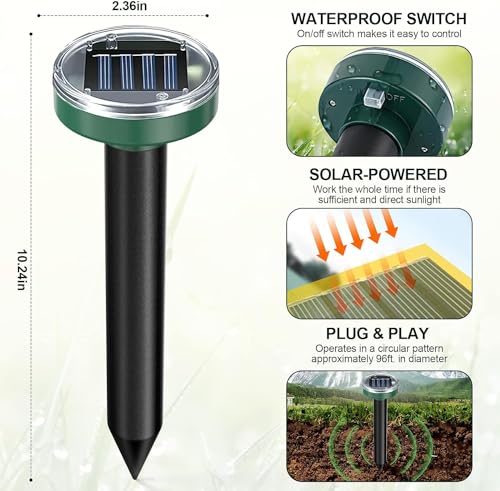 8 Pack Mole Repellent Solar Powered Snake Repellent Ultrasonic, Gopher Repeller Sonic Mole Deterrent Spikes, Snake Gopher Vole Repellent Outdoor for Lawn Garden & Yard-Green