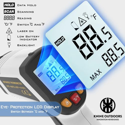 KNINE OUTDOORS Infrared Thermometer Gun, -58℉ to 1112℉ | Temp Gun, Laser Temperature Gun, for Cooking, Oven, BBQ, Griddle, Meat, HVAC Engine, Distance to Spot Ratio 12:1, White - color: White