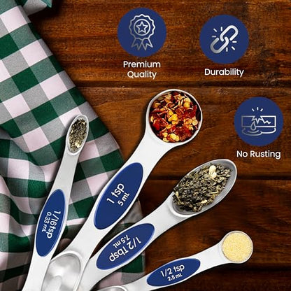 Magnetic Measuring Spoons Set of 9 Stainless Steel Dual-Sided Stackable Measuring Spoon Nesting Teaspoons Measuring Dry and Liquid Ingredients, Fits in Spice Jars Set of 9 (Sapphire) - color: Sapphire
