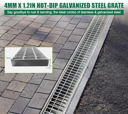 39.4x7.1x6.3in Stainless & Galvanized Steel Trench Drain | 304 B125 Driveway Heavy Duty Metal Channel Drainage System Durable Outdoor Garage Parking Lot Concrete Floor