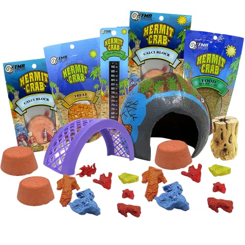 Needzo DIY Hermit Crab Habitat Starter Kit with Calci Food Blocks, Choya Wood, Coral Pieces, Large Coconut Hut, Crossing Bridge, Thermometer, Food & Treat Pouch, All in One Pet Supplies, 10 Items