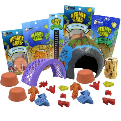 Needzo DIY Hermit Crab Habitat Starter Kit with Calci Food Blocks, Choya Wood, Coral Pieces, Large Coconut Hut, Crossing Bridge, Thermometer, Food & Treat Pouch, All in One Pet Supplies, 10 Items