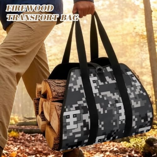 Skull Camo Print Log Tote Bag Firewood Hauling Carrier | Water Resistant Material, Open-Ended Design, Large Capacity, for Fireplace Owners, Hikers and Camping Fanatics - color: Gray Pixel Skull Digital Camo Print
