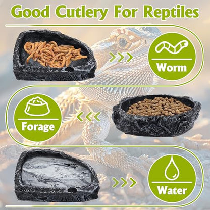 3 Pack Reptile Water Dish, Samll Snake Water Bowl, Bearded Dragon Food Dish | Leopard Crested Gecko Tank Accessories, Feeding Dish Kit for Tortoise, Lizard, Frog, Hermit Crab