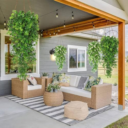 RECUTMS Fake Hanging Plants 2Pcs Outdoor Greenery Artificial Hanging Flower for Outdoors Hanging Basket Artificial Hanging Plants Plastic Home Garden Wedding Party Shelf Aesthetic Decorations(Green) | Faux Green Flowers with Eucalyptus Leaves UV Resistant
