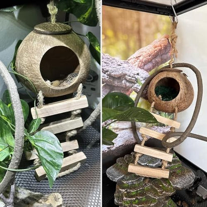 Crested Gecko Tank Accessories,Gecko Coconut Hut Hideout with Ladder Reptile Hammock Lizards Hanging Plants Flexible Climbing Jungle Vine Leaves Terrarium Decor - style: 【Style B】