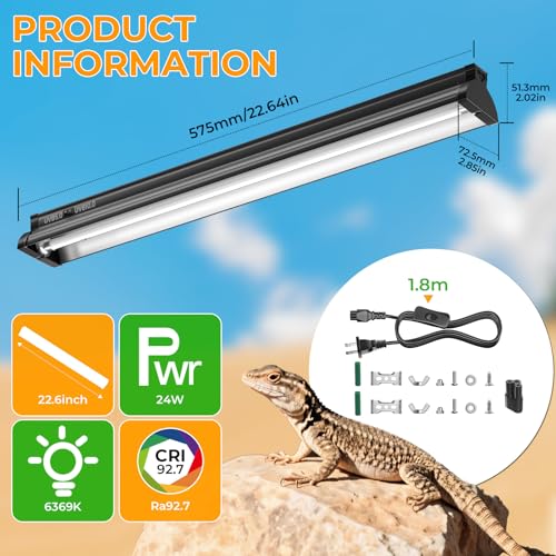 22’’ 24W T5 UVB Reptile Light Combo Kit Switchable UVB 5.0, 10.0 | for Tropical & Desert Reptiles, Reptile Lamp Terrarium Hood UVB Light for Bearded Dragon, Lizards, Snake, Chameleon, Turtle