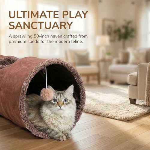 51"x 12" Collasiple Cat Play Tunnel, Cats Tubes and Tunnels, Cat Foldable Hide and Seek Tunnel Toy, Brown Suede Pet Tube Toy for Rabbits, Ferrets, Puppy, Diameter 12 Inch