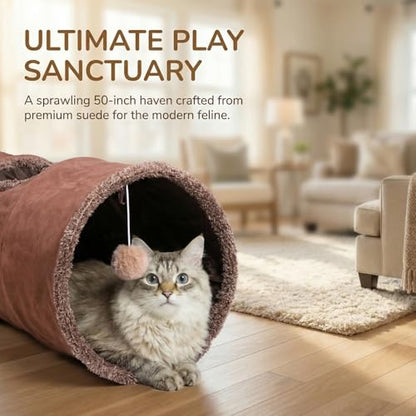 51"x 12" Collasiple Cat Play Tunnel, Cats Tubes and Tunnels, Cat Foldable Hide and Seek Tunnel Toy, Brown Suede Pet Tube Toy for Rabbits, Ferrets, Puppy, Diameter 12 Inch