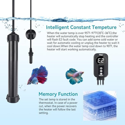 hygger Marine Aquarium Heater 50W 100W 200W 300W 500W,Titanium Heater with Temperature Calibration,Digital LED Controller,Temperature Probe,Submersible Fish Tank Heater for Saltwater Freshwater Tank - size: 50W for 10-15 Gallon