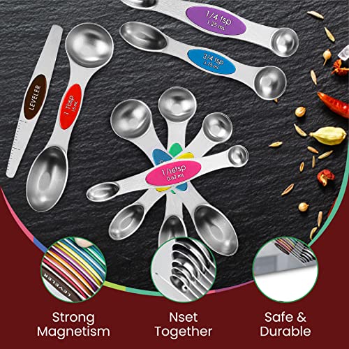 Magnetic Measuring Spoons Set of 9 Stainless Steel Dual-Sided Stackable Measuring Spoon Nesting Teaspoons Measuring Dry and Liquid Ingredients, Fits in Spice Jars Set of 9 (Multicolor) - color: Multicolor
