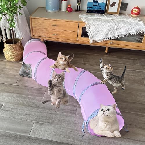 2-Way Long Collapsible Cat Tunnel Tube Toy Pink | Interactive Play Tunnel with Peek Hole for Indoor Cats, Kittens, Puppies & Rabbits | Hours of Fun & Exercise - color: Pink Grey