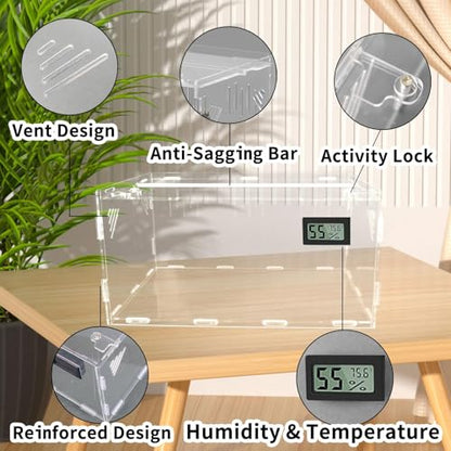 Acrylic Reptile Breeding Box Terrarium Cage Tank, 11.8"x7.9"x5.9", with Temperature Hygrometer, for Small Reptiles, Snakes, Insects, Home Office - size: Reptile-Tank-M (No Tray)