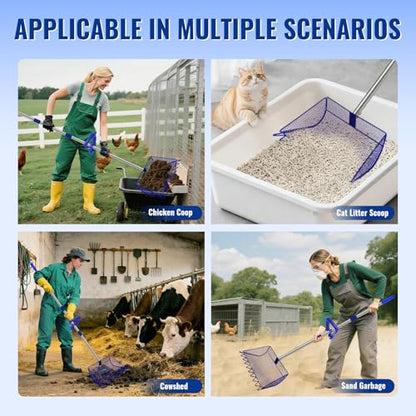 2-in-1 Chicken Coop Scooper: Extra Large 12” Poop Scooper & Rake with Adjustable Handle (37”-65”) | Heavy-Duty Metal Shovel for Quick Pet Waste, Rabbit, Guinea, Barn Cleaning | US Patent Pending, Blue - color: Blue