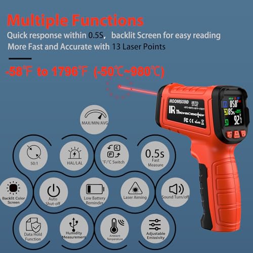 Infrared Thermometer Gun, -58°F to 1796°F, Dual-Mode 16:1 | Surface & Internal Temperature Reading，Humidity Display，Ideal for HVAC, Cooking & Home Inspection - color: Orange/-58°F to 1796°F and -58°F to 572°F