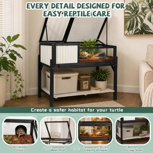 Large Tortoise Habitat with Adjustable Lamp Stand, Wooden & Plastic Turtle Enclosure with Viewing Window, Pull-Out Tray, Storage Shelf, 2-Room Indoor Outdoor Reptile House for Tortoises & Small Pets - size: 40.3"L x 22.8"W x 34.2"H