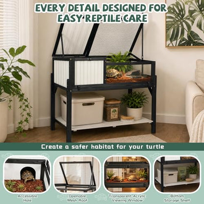 Large Tortoise Habitat with Adjustable Lamp Stand, Wooden & Plastic Turtle Enclosure with Viewing Window, Pull-Out Tray, Storage Shelf, 2-Room Indoor Outdoor Reptile House for Tortoises & Small Pets - size: 40.3"L x 22.8"W x 34.2"H