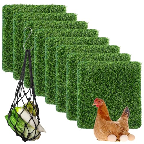 Chicken Nesting Box Pads, 8 Pcs Washable Artificial Grass Mats with Feeding String Bag, Reusable Fake Turf Beddings for Chicken Coops, Indoor and Outdoor Green Rugs, 12 x 12 Inches