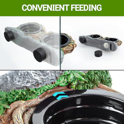 REPTI ZOO Magnetic Reptile Feeding Ledge, Gecko Feeder Ledge with 4PCS Cups, Hollow Vine Food Dish, Reptile Water Bowl for Bearded Dragon Lizard Snake Turtle, Terrarium Tank Accessories - size: Magnetic- Dual Feeder